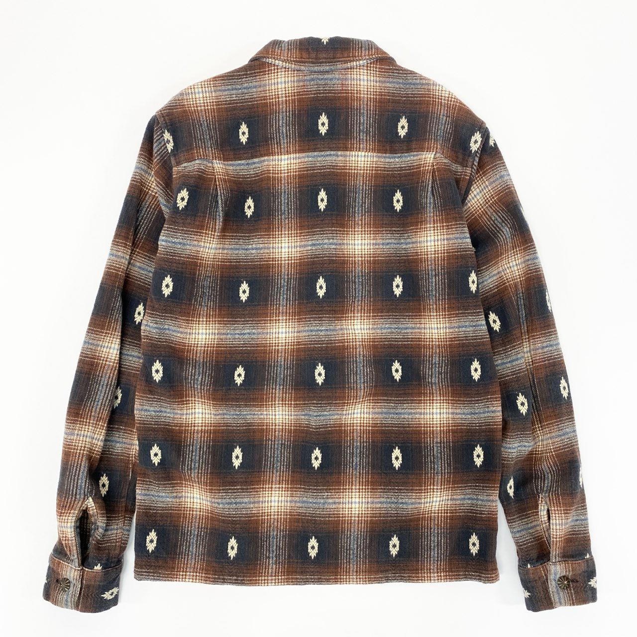 27L1 STIFF スティッフ 長袖 チェックシャツ ネルシャツ コンチョ ネイティブ柄 刺繍  S ブラウン ネイビー オフホワイト コットン100％u02t