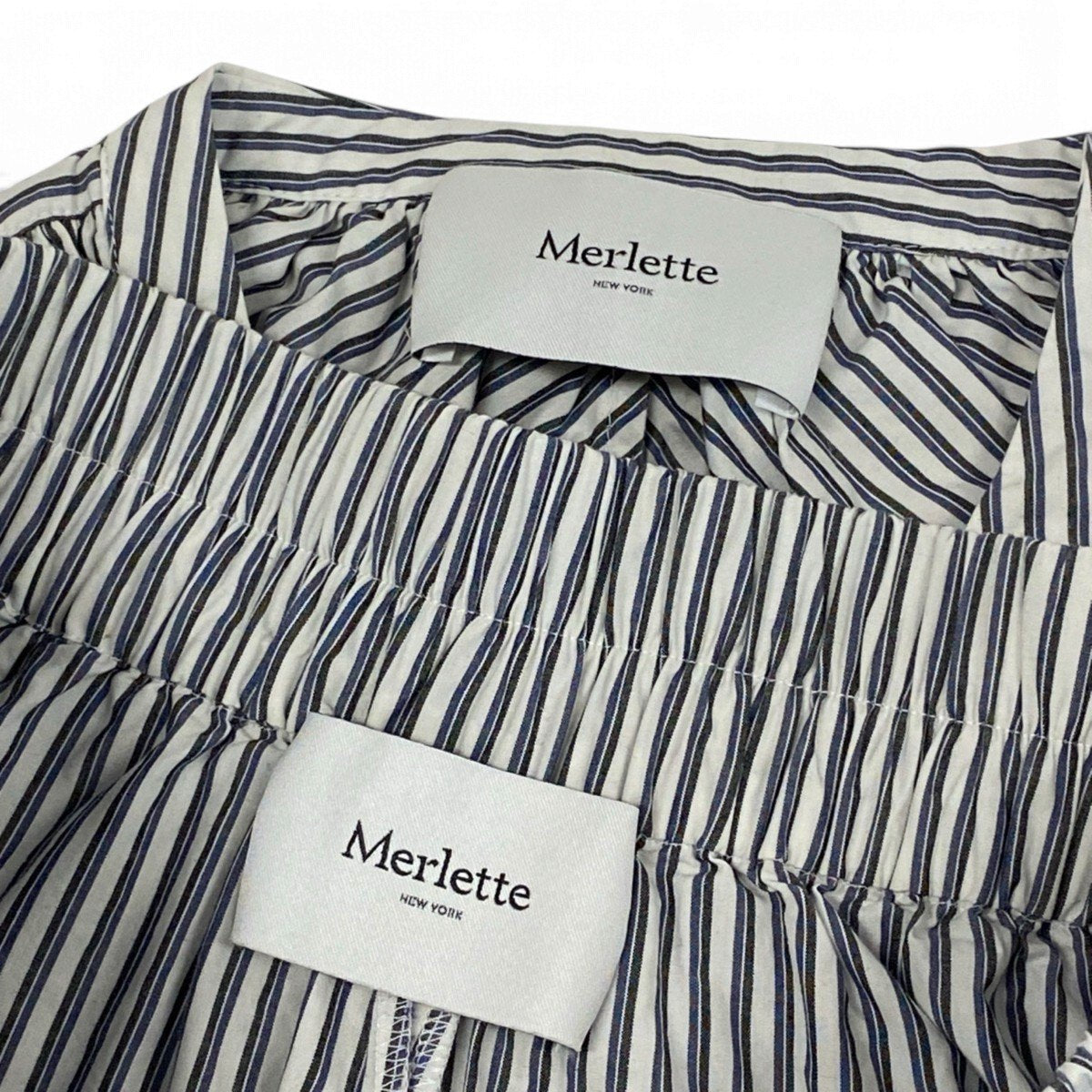 81j6 Merlette マーレット ティアナ ストライプ ギャザー セットアップ ブラウス ショートパンツ XSサイズ ホワイト ブルー コットン100％ レディース 女性用u02t