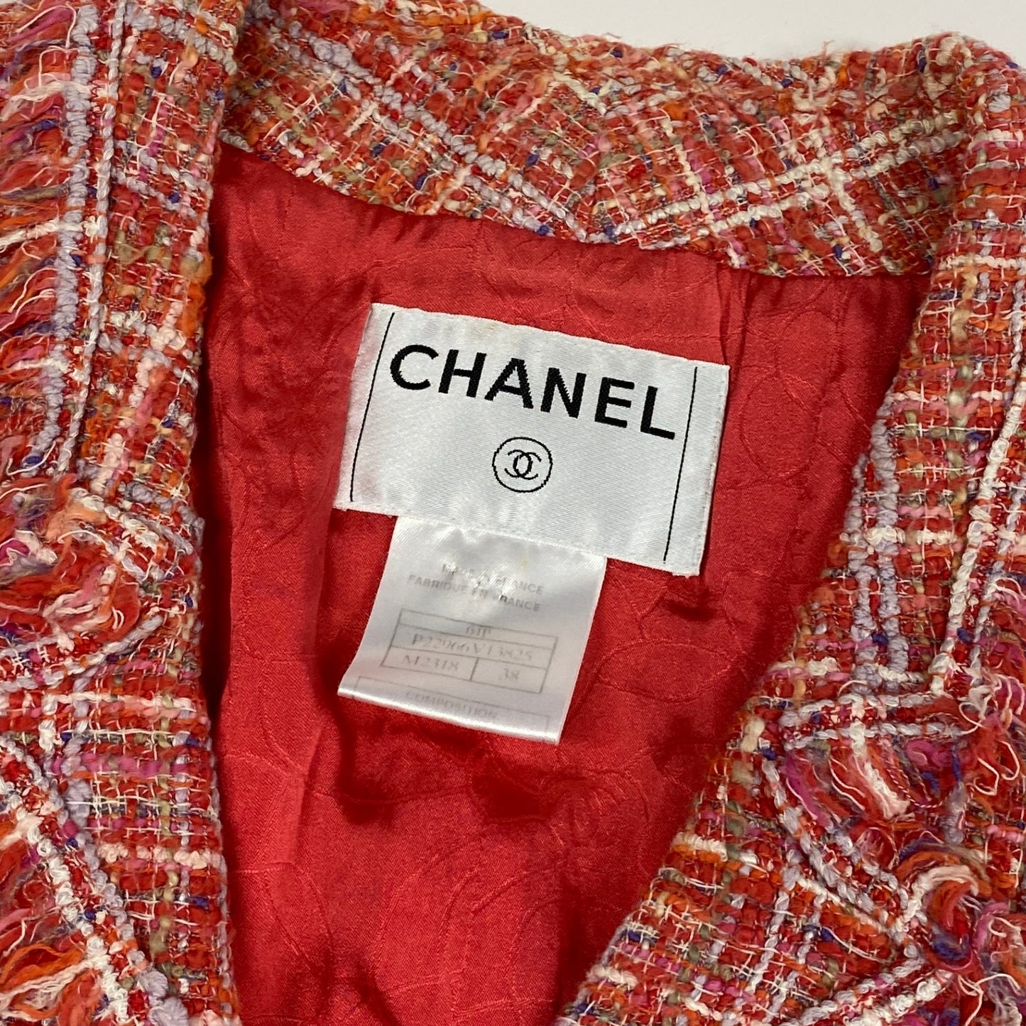 Ca14 CHANEL シャネル 2004年 P22966 ココマーククリアボタン 短丈 ショートツイードジャケット サイズ34 レッド系 ミックスツイード レディース 女性用ta1