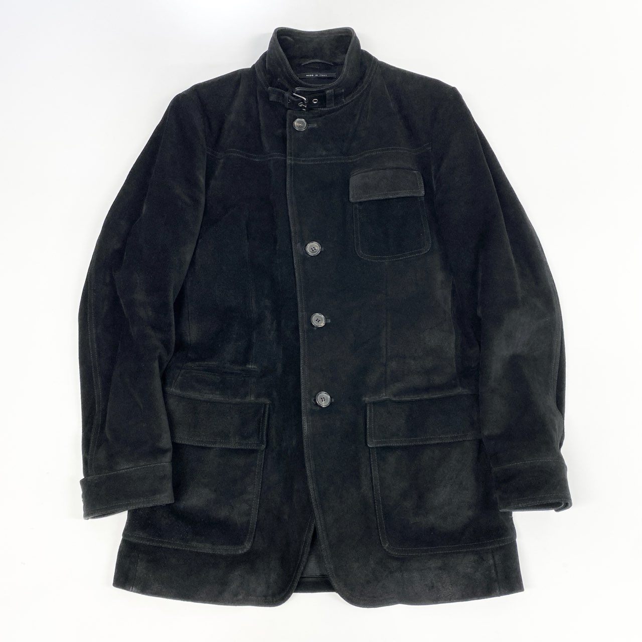 75j29 GUCCI グッチ スエードレザージャケット ベルトカラー ハーフコート トムフォード期 133594 48サイズ ブラック メンズu02t