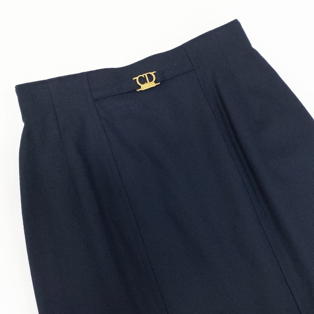 54l28【新品保管品】Christian Dior クリスチャンディオール Vintage ウールスカート タイトスカート ロゴ金具 Mサイズ ネイビー ウール100％ レディース 女性用o07t