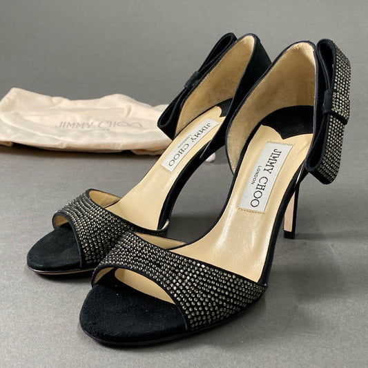 6f18 《極美品》 JIMMY CHOO ジミーチュウ ラインストーン リボン パンプス サンダル 36 1/2 ブラック スエードレザー グリッター イタリア製 シューズ