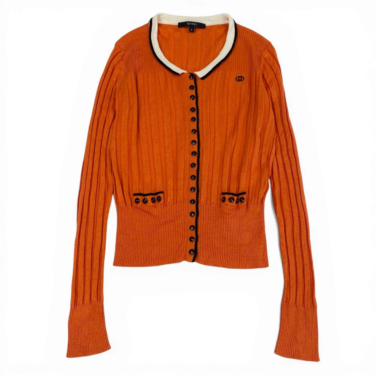 Ic18 GUCCI グッチ トムフォード期 リブニット ロングスリーブカーディガン インターロッキングG ワンポイント刺繡 レディース 女性服 S オレンジ リネン シルクta1