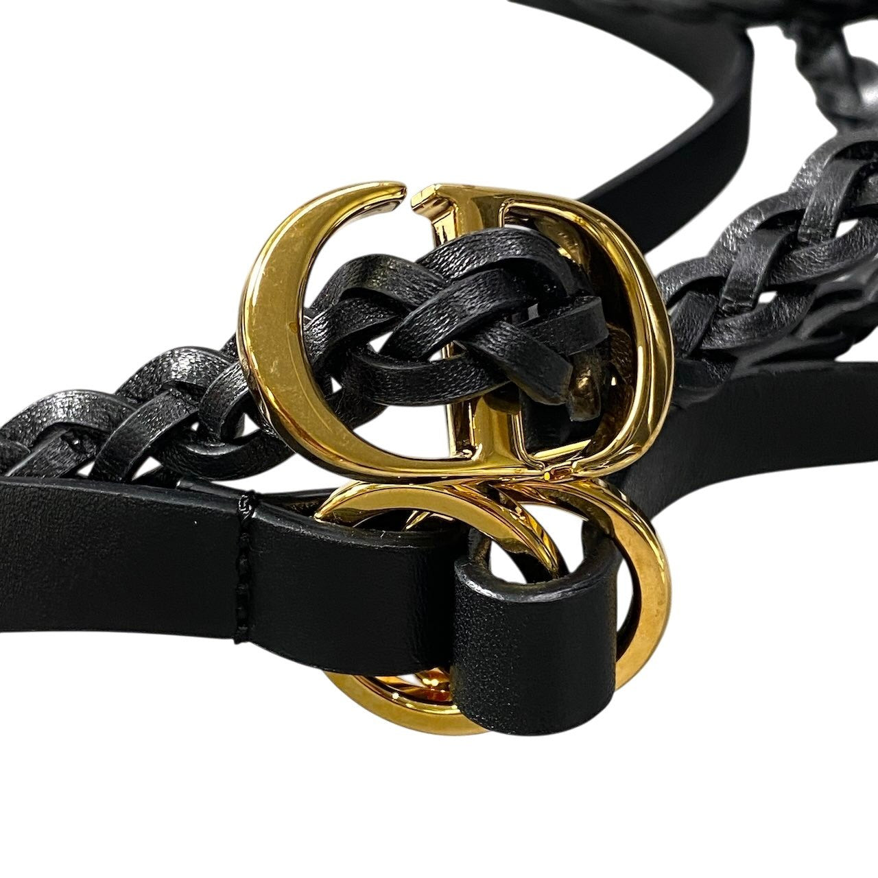 g14 Christian Dior CDロゴバックル ダブルストラップベルト イタリア製 75サイズ ブラック ゴールド レザー レディース 女性用k02i