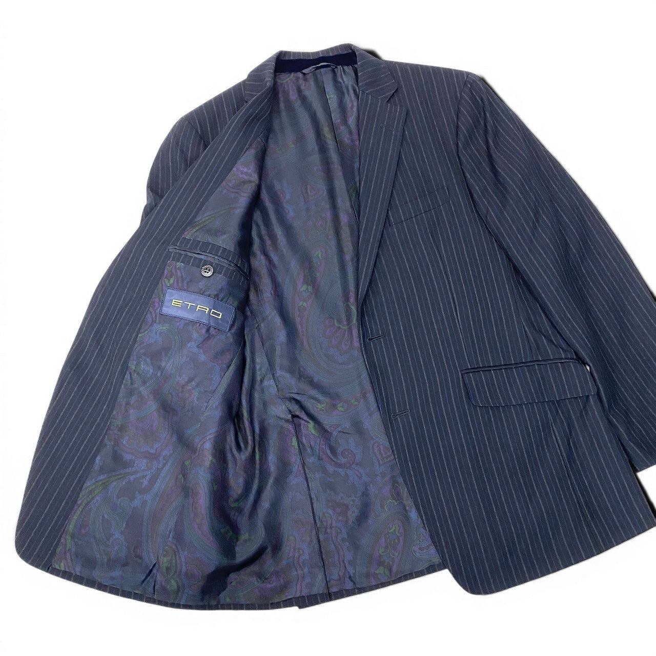 37e28 ETRO エトロ スリーピース セットアップスーツ ストライプ柄 裏地ストライプ柄 サイズ50 ネイビー ウール100％ メンズ 紳士服o07t