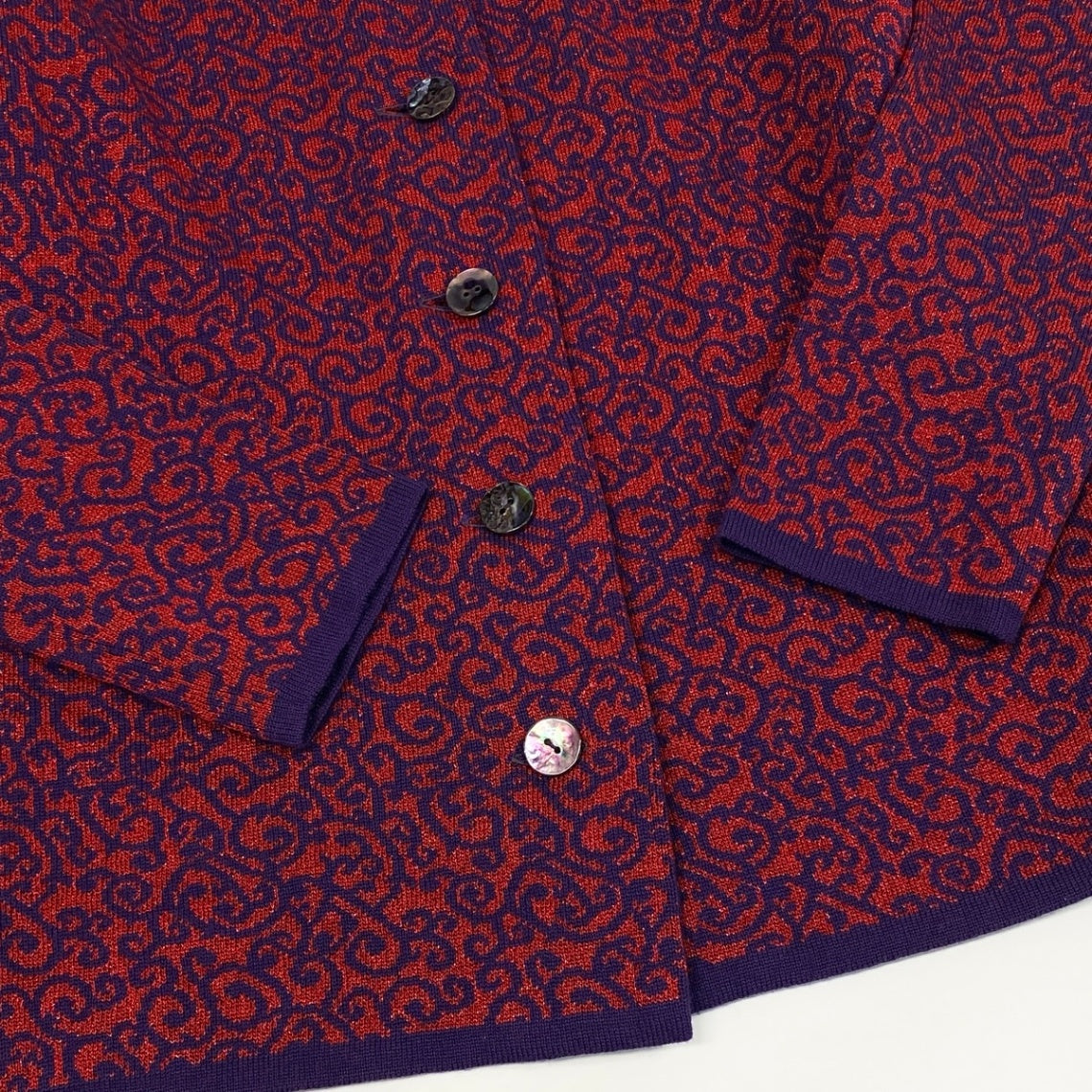 65f2 YVES SAINT LAURENT イヴサンローラン ノーカラー ニットカーディガン ラメニット 総柄 バイカラー サイズM パープル レッド ウール100％ レディース 女性服o07t