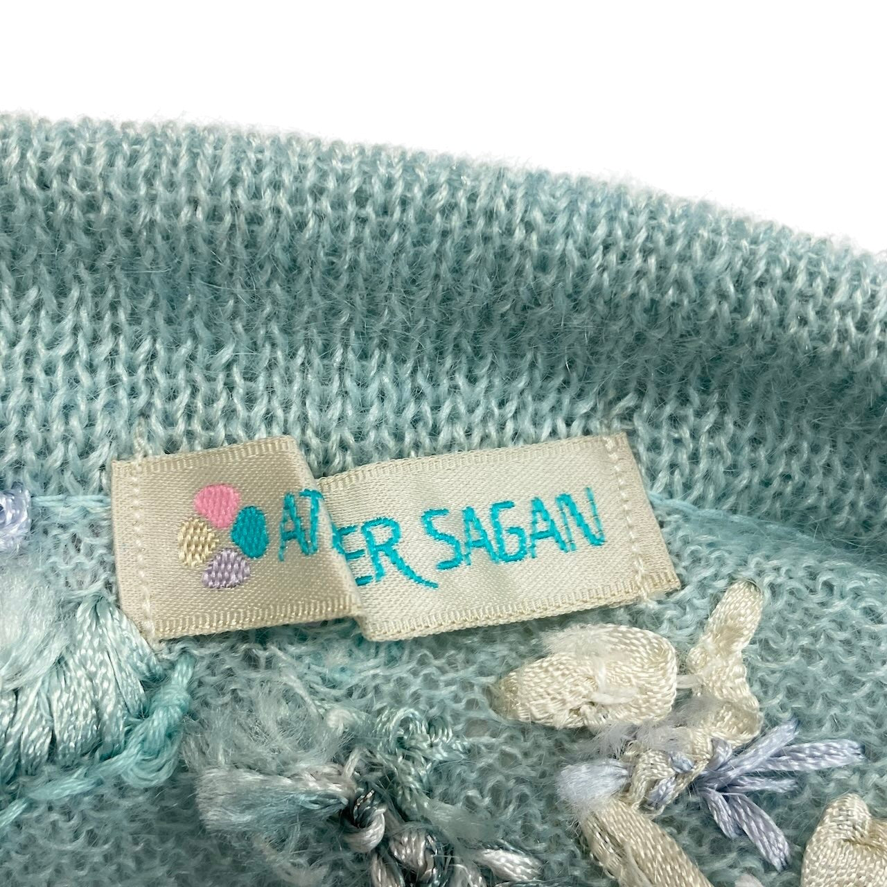 58g5 ATELIER SAGAN アトリエサガン ロングスリーブカーディガン ニットセーター 刺繍デザイン Mサイズ ミントブルー レディース 女性用u02t