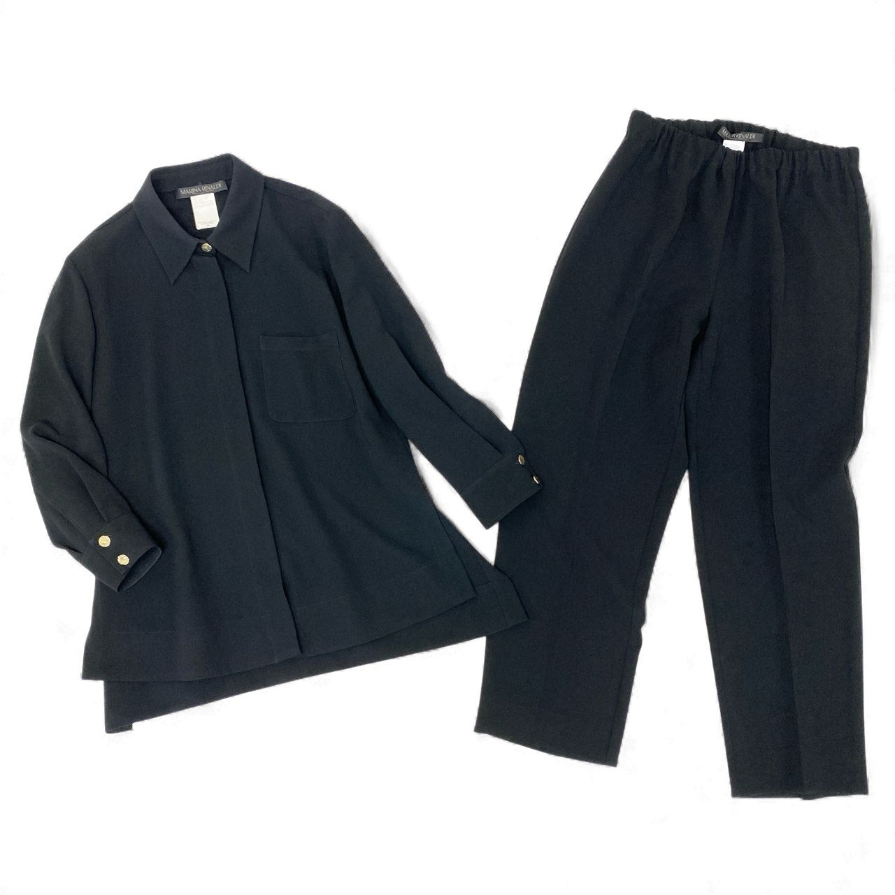 80k11 《美品》 MARINA RINALDI マリナリナルディ マックスマーラ セットアップパンツ 長袖シャツ チュニック 金ボタン テーパードパンツ ウエストゴム レディース 女性用 大きいサイズ 15 ブラックu02t