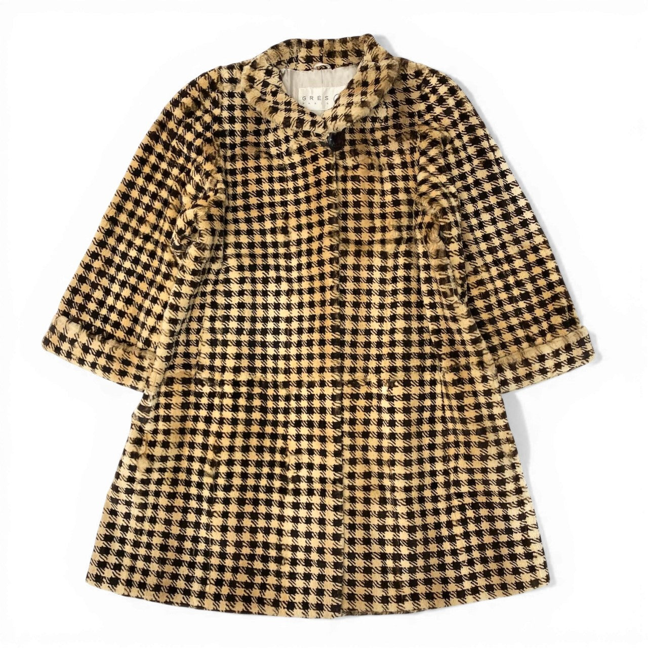 32d2 GRES グレ シェアードミンクコート 毛皮ロングコート 千鳥格子柄 アウター Fサイズ ベージュ ブラウン シェアード レディース 女性用k02i