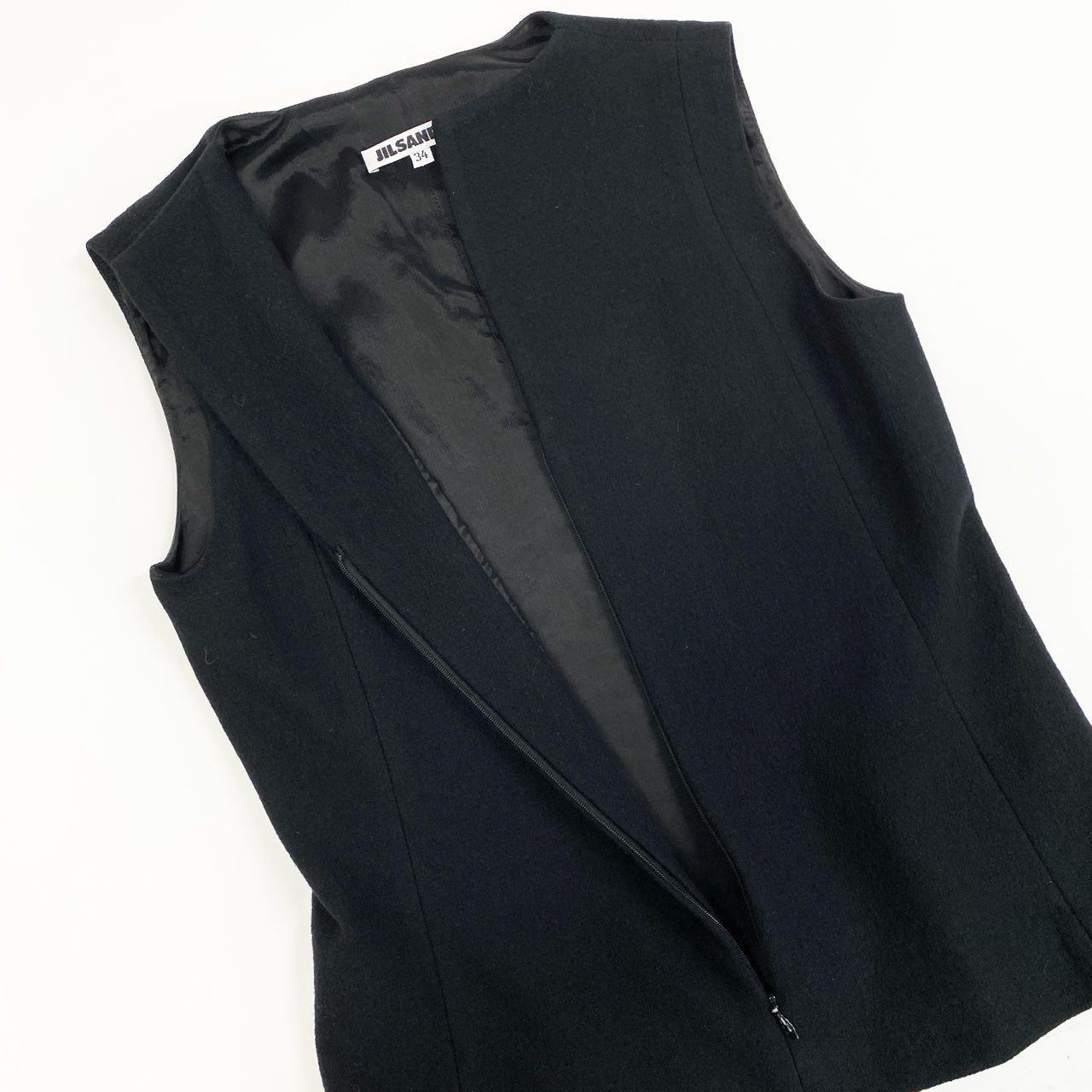 75a19 JILSANDER ジルサンダー ノースリーブ ウールジャケット フロントジップ ベスト ウールカシミヤ混 Vネック レディース 女性用 サイズ34 ブラックu02t