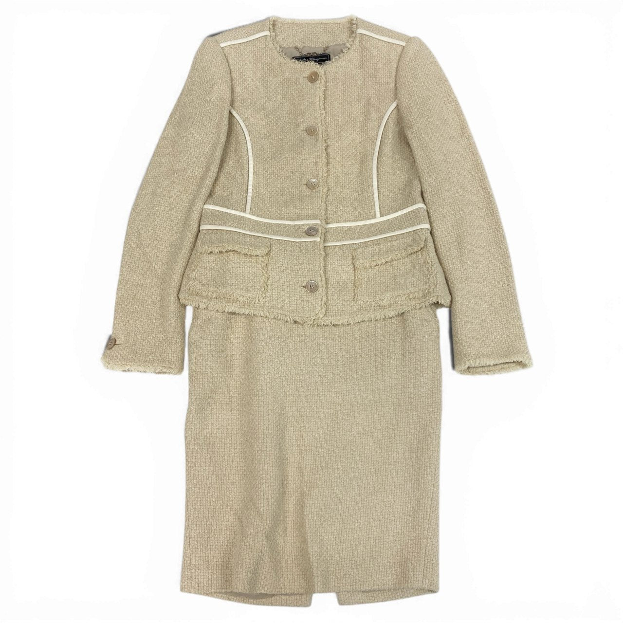 Ec10 Salvatore Ferragamo サルヴァトーレフェラガモ スカートセットアップ ツイードジャケット セレモニースーツ フォーマル レディース イタリア製 42 ライトベージュk02i