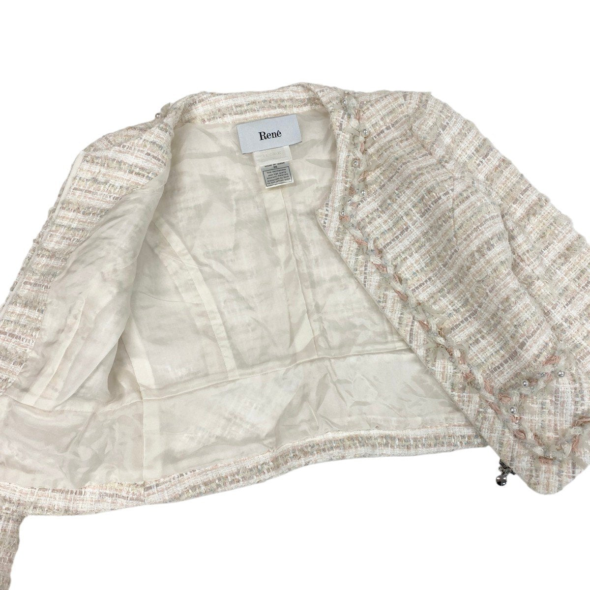 50f29 Rene ルネ ツイードパール ノーカラージャケット 6943450 サイズ36 ホワイト ピンク Tweed Pearl Jackett18r