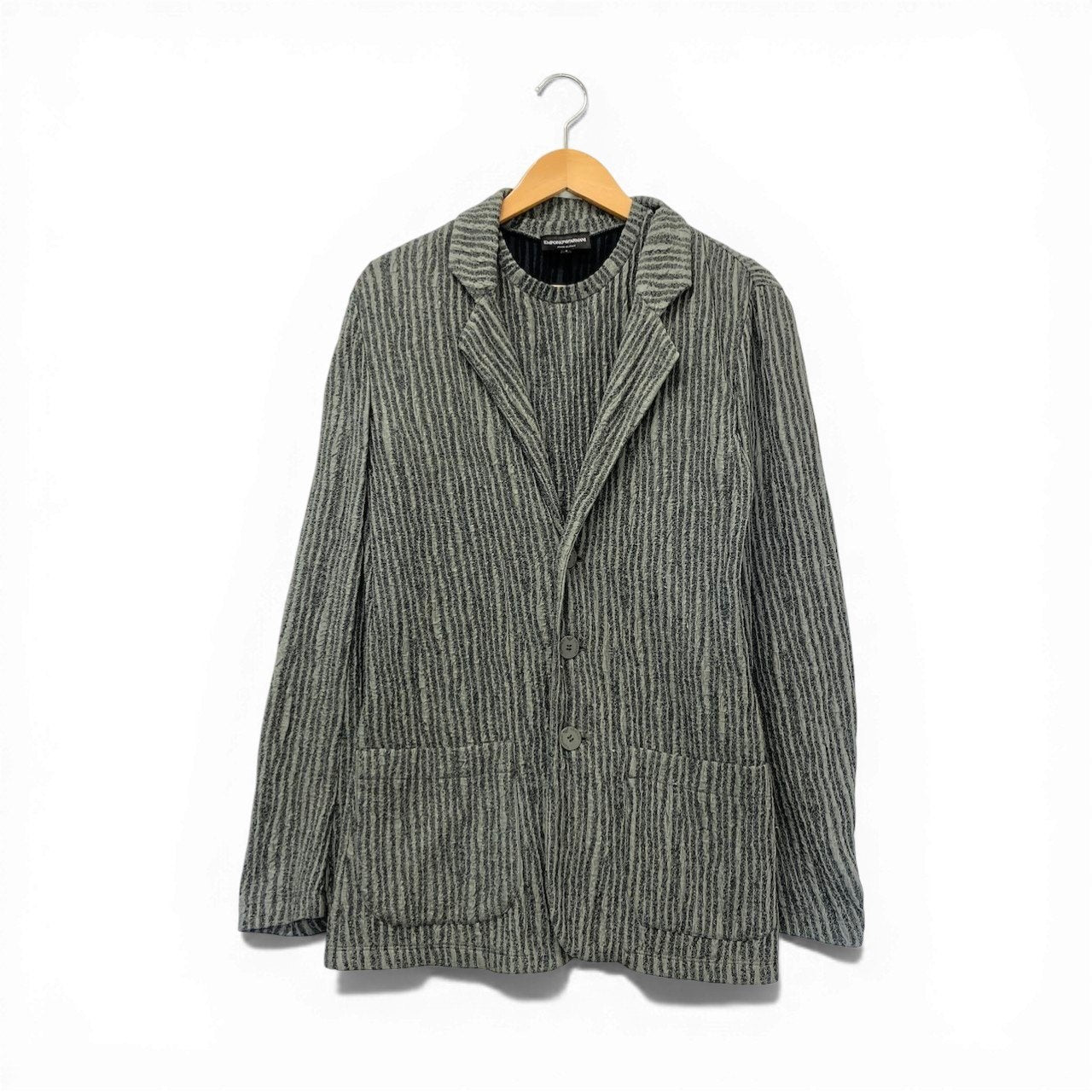 73c31 EMPORIO ARMANI エンポリオアルマーニ セットアンサンブル テーラードジャケット 半袖カットソー ストレッチ エンボス加工 Sサイズ グレー系 メンズ 男性用u02t