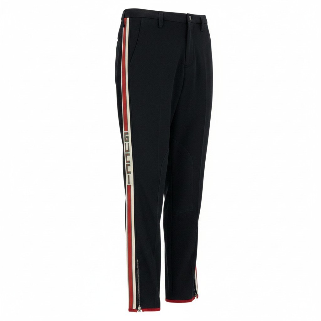 24e14 GUCCI グッチ ギャバジン ストレッチパンツ サイドロゴライン ボトム イタリア製 48サイズ ブラック メンズ 男性用u02t