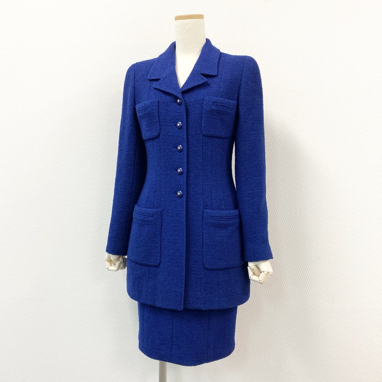 63i12 CHANEL シャネル 95A ココボタン ラメツイード セットアップ レトロ  ブルー Vintage ヴィンテージ Tweed Setupt18r