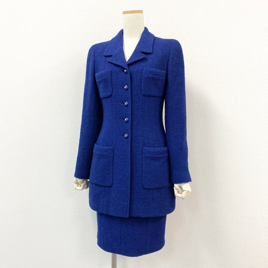 63i12 CHANEL シャネル 95A ココボタン ラメツイード セットアップ レトロ  ブルー Vintage ヴィンテージ Tweed Setupt18r