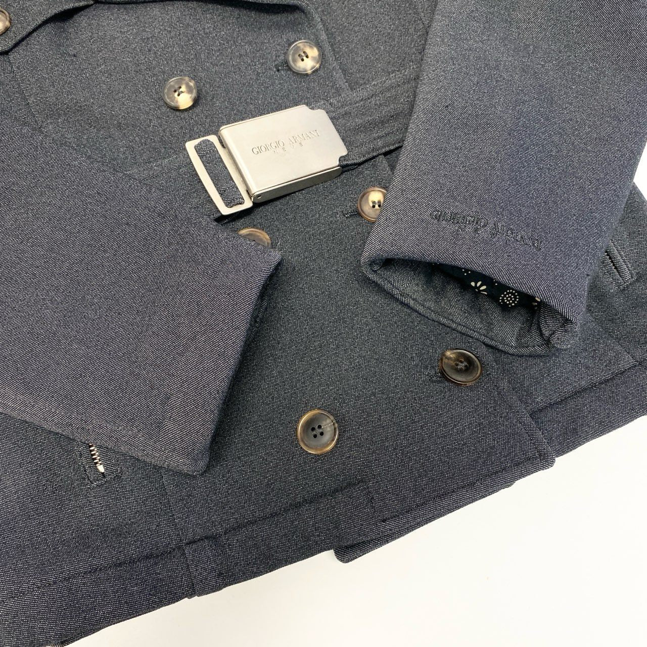 63a28 GIORGIO ARMANI ジョルジオアルマーニ ダブルブレストピーコート ジャケット アウター ウエストベルト 42サイズ ダークネイビー レディースo07t