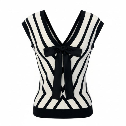 11d27 LOUIS VUITTON ルイヴィトン リボン ニットカットソー ノースリーブニット ストライプ柄 イタリア製 サイズXS ホワイト ブラック シルク コットン レディース 女性用u02t