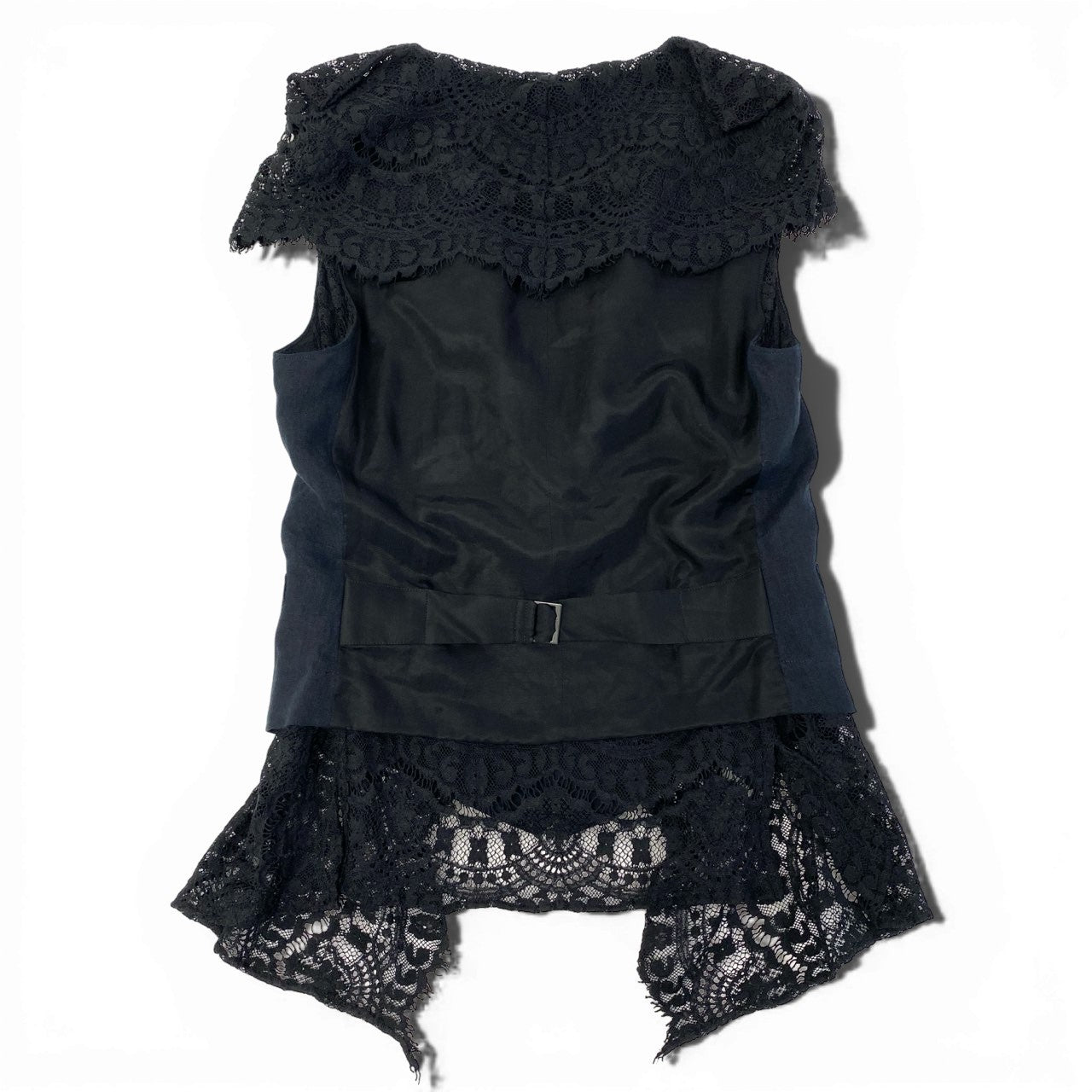 59a21 Y's ワイズ ヨウジヤマモト レースレイヤードデザイン リネンジレ ベスト サイズ2 ブラック レディース デザイナーズk02i