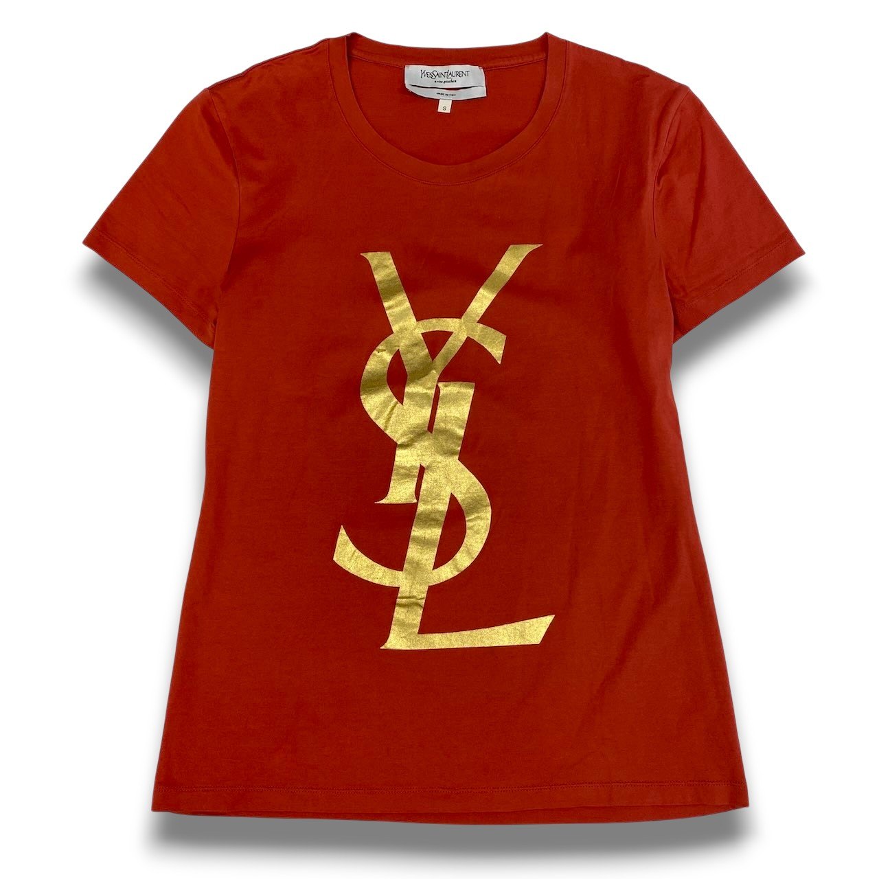 c24 《美品》 YVES SAINT LAURENT rive gauche イヴサンローランリブゴーシュ 半袖カットソー トップス ゴールドロゴ S オレンジ コットン レディースu02t