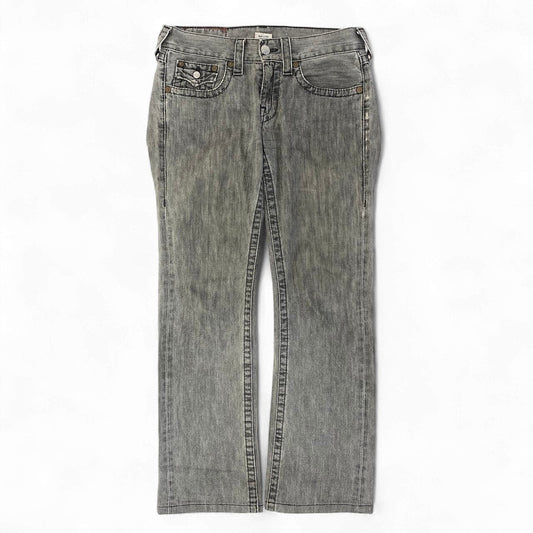 69d30 米国製 TRUE RELIGION トゥルーレリジョン RICKY ストレートフィットデニム デニムパンツ ひ型マーク 馬蹄  ROW30/SEAT33 グレー系 コットン100％ メンズ 紳士服u02t