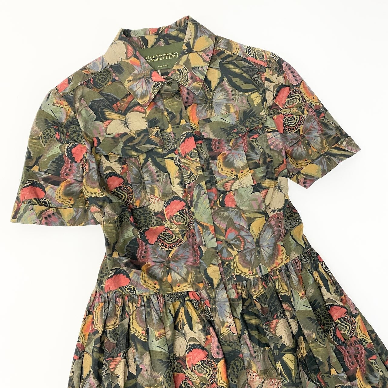 57c10 《美品》 VALENTINO ヴァレンティノ 半袖シャツワンピース ウエスト切り替え フレアスカート 40 バタフライ柄 総柄 コットンu02t