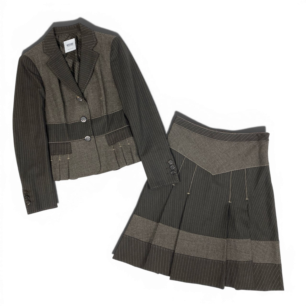 30b11【美品】MOSCHINO モスキーノ スカートセットアップ ジャケット プリーツスカート パッチワークデザイン Sサイズ相当/40サイズ ブラウン系 画像参照 レディース 女性用u02t