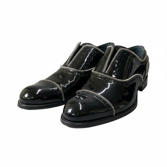 d13 LOUIS VUITTON ルイヴィトン ジッパーデザイン エナメルドレスシューズ サイズ7/ 1/2 ブラック パテント LVプレート 紳士靴 箱 袋有t18r
