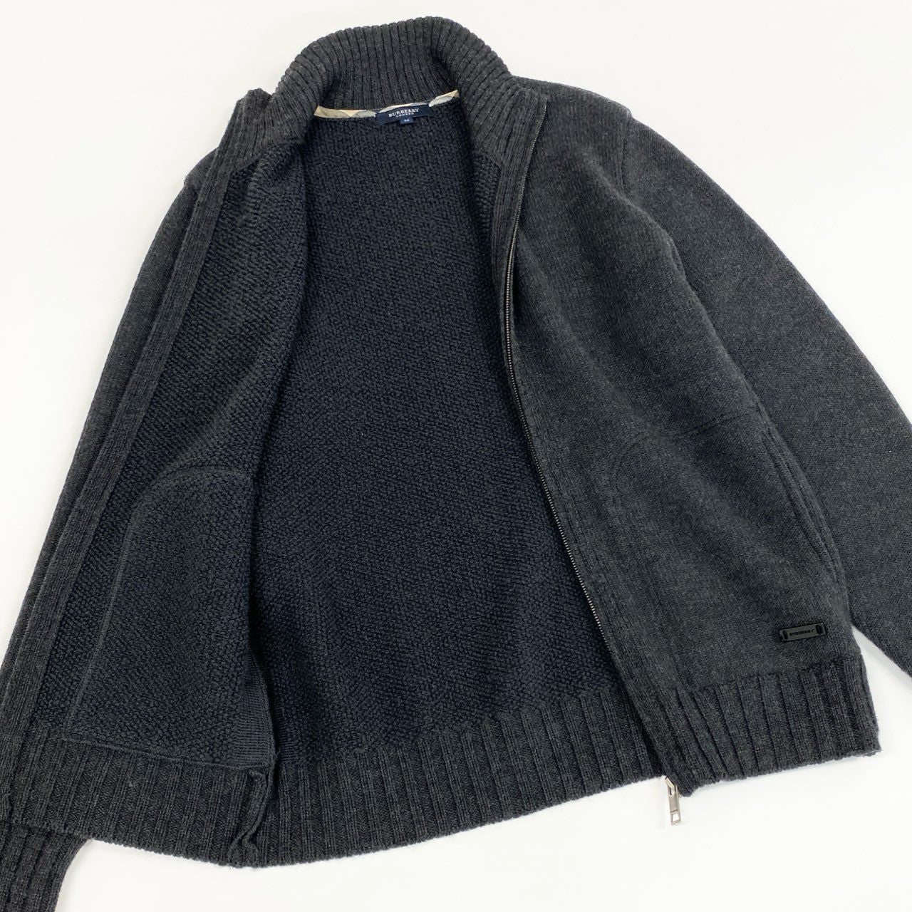 67j6 BURBERRY LONDON バーバリーロンドン フルジップ ニットジャケット ブルゾン リブハイネック  M ダークグレー ウール100％u02t