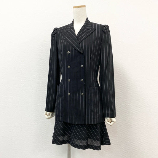 1g2 Jean Paul Gaultier ジャンポールゴルチエ デザインセットアップ スカートスーツ ダブルジャケット フレアスカート ロゴ刻印ボタン サイズ40 ブラック ピンストライプ ウール レディース 女性用