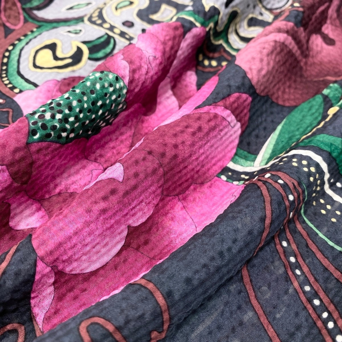 2g18 LEONARD FASHION レオナール ロングスリーブ シアーカーディガン 羽織 美しい花柄プリント ペイズリー柄 サイズ42 グレー シルク100％ レディースu02t
