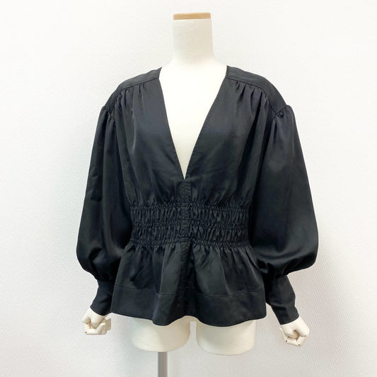 27j22《未使用》 GANNI ガニー 長袖ブラウス シャツ トップス ウエストギャザー ボリュームスリーブ サイズ36 ブラック レディースu02t