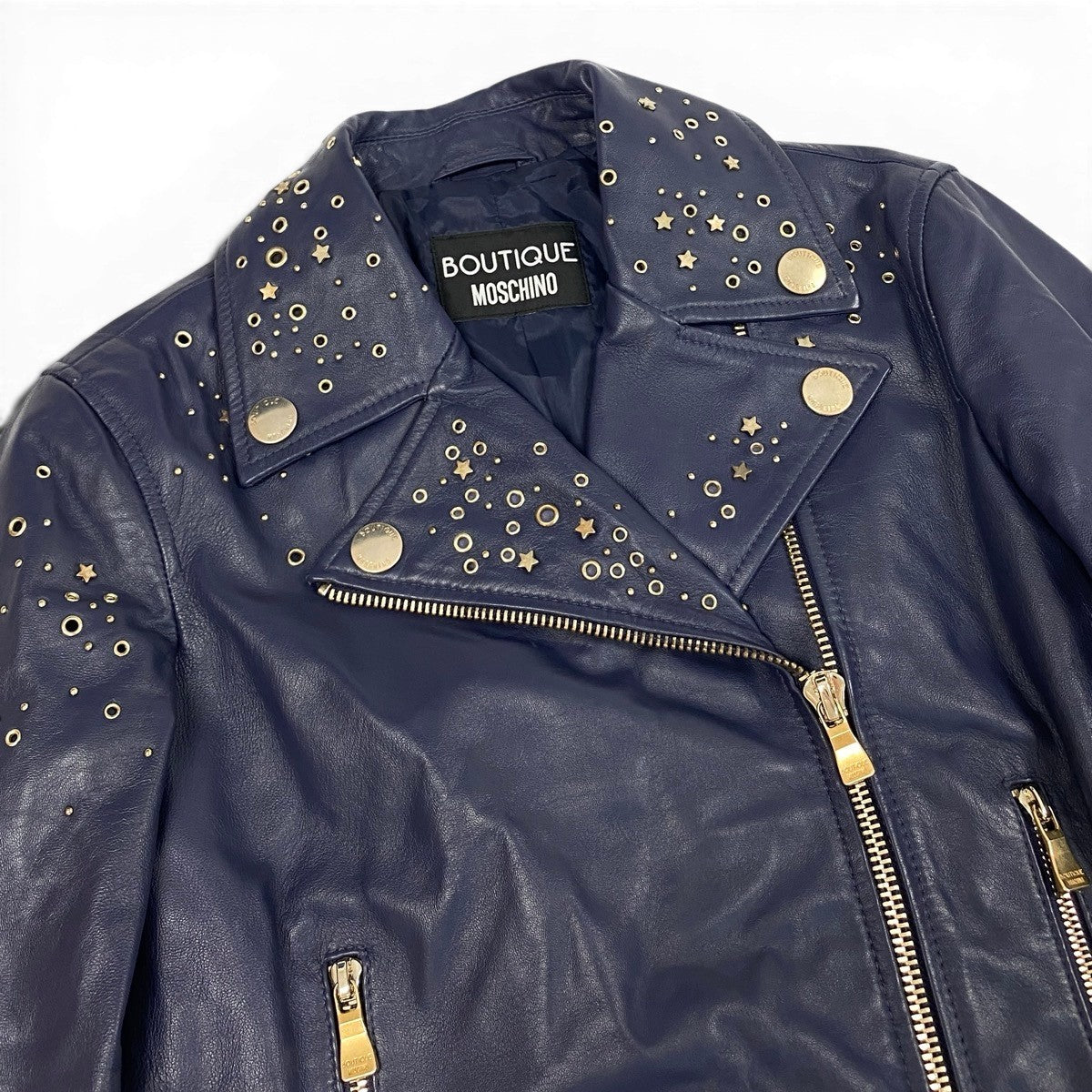 Ag16 BOUTIQUE MOSCHINO ブティック モスキーノ レザージャケット ダブルライダースジャケット 星 スタッズ サイズ38 ネイビー レディースu02t