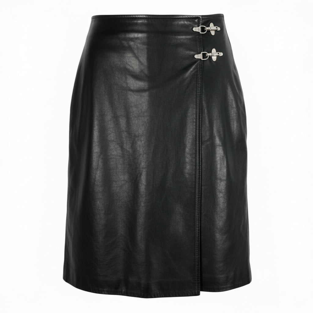 Eb11 CELINE セリーヌ ヴィンテージ マカダム金具 レザー巻きスカート 40サイズ ブラック 羊革100％ レディース 女性用k02i