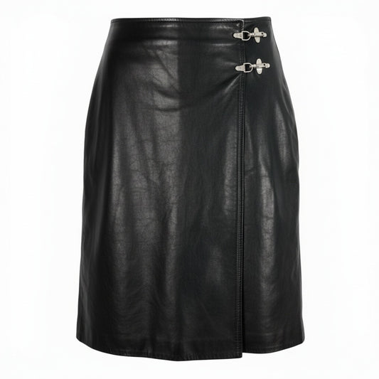 Eb11 CELINE セリーヌ ヴィンテージ マカダム金具 レザー巻きスカート 40サイズ ブラック 羊革100％ レディース 女性用k02i