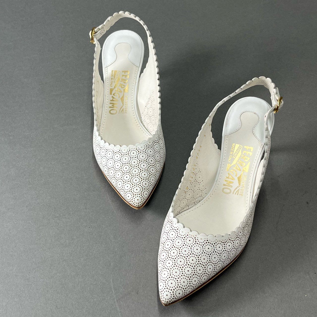 1f18 Salvatore Ferragamo サルヴァトーレ フェラガモ MALY LACE ミュール パンプス 5 ホワイト レザー サンダル シューズ イタリア製