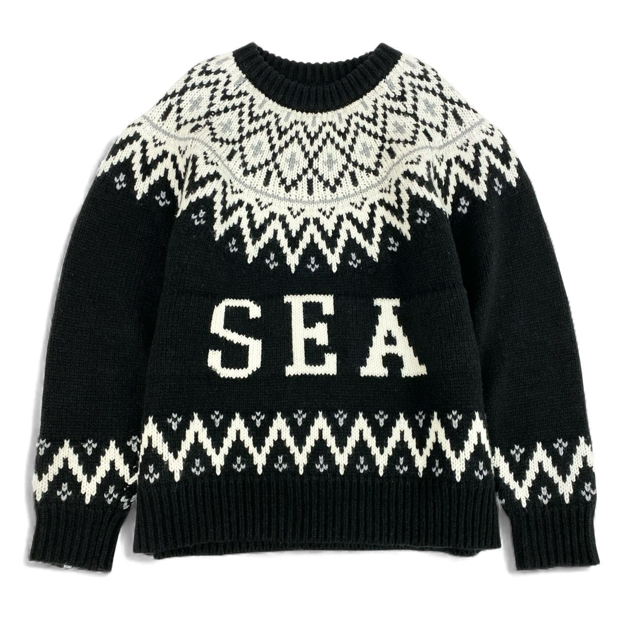 49L8 【美品】WIND AND SEA ウィンダンシー ノルディックセーター ニットセーター クルーネック 厚手 WKN-23-Q2-KN-03 Lサイズ ブラック ホワイト メンズo07t