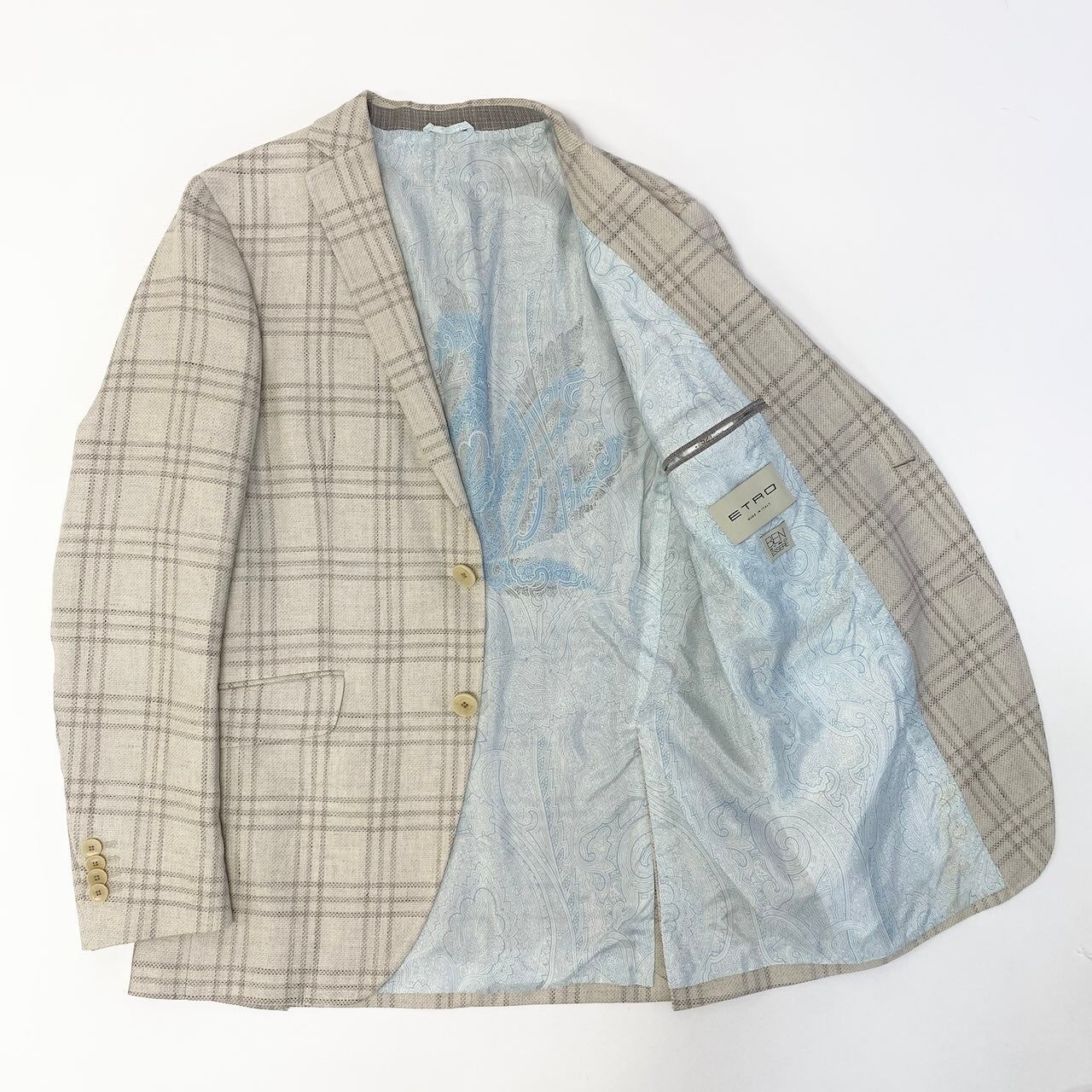 48c18 ETRO エトロ テーラードジャケット チェック柄 裏地ペイズリー柄 イタリア製 コットンリネン混 メンズ 男性用 52 ベージュ系u02t