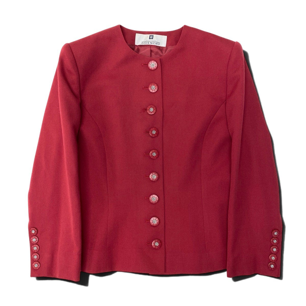 Eh10 GIVENCHY ジバンシー ノーカラージャケット ロゴボタン サイズ38 レッド ウール100％ レディースo07t