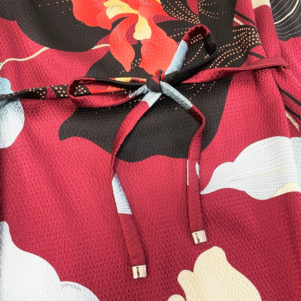 34d12 【美品】 LEONARD PARIS レオナール ロングスリーブワンピース 美しい花柄プリント シルクブレンド ドレスワンピース イタリア製 サイズ40 ボルドー レディース 女性用u02t