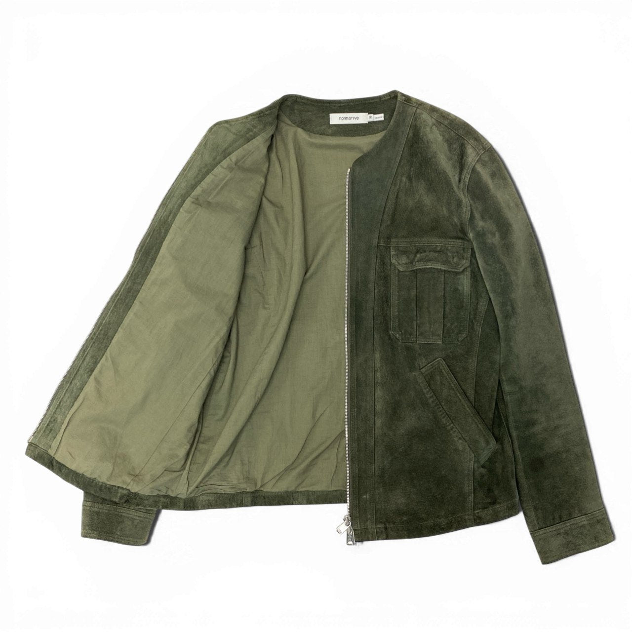 84b27 nonnative ノンネイティブ スウェードレザー レザージャケット ノーカラージャケット サイズ2 カーキグリーン メンズ アウター 羽織k02i