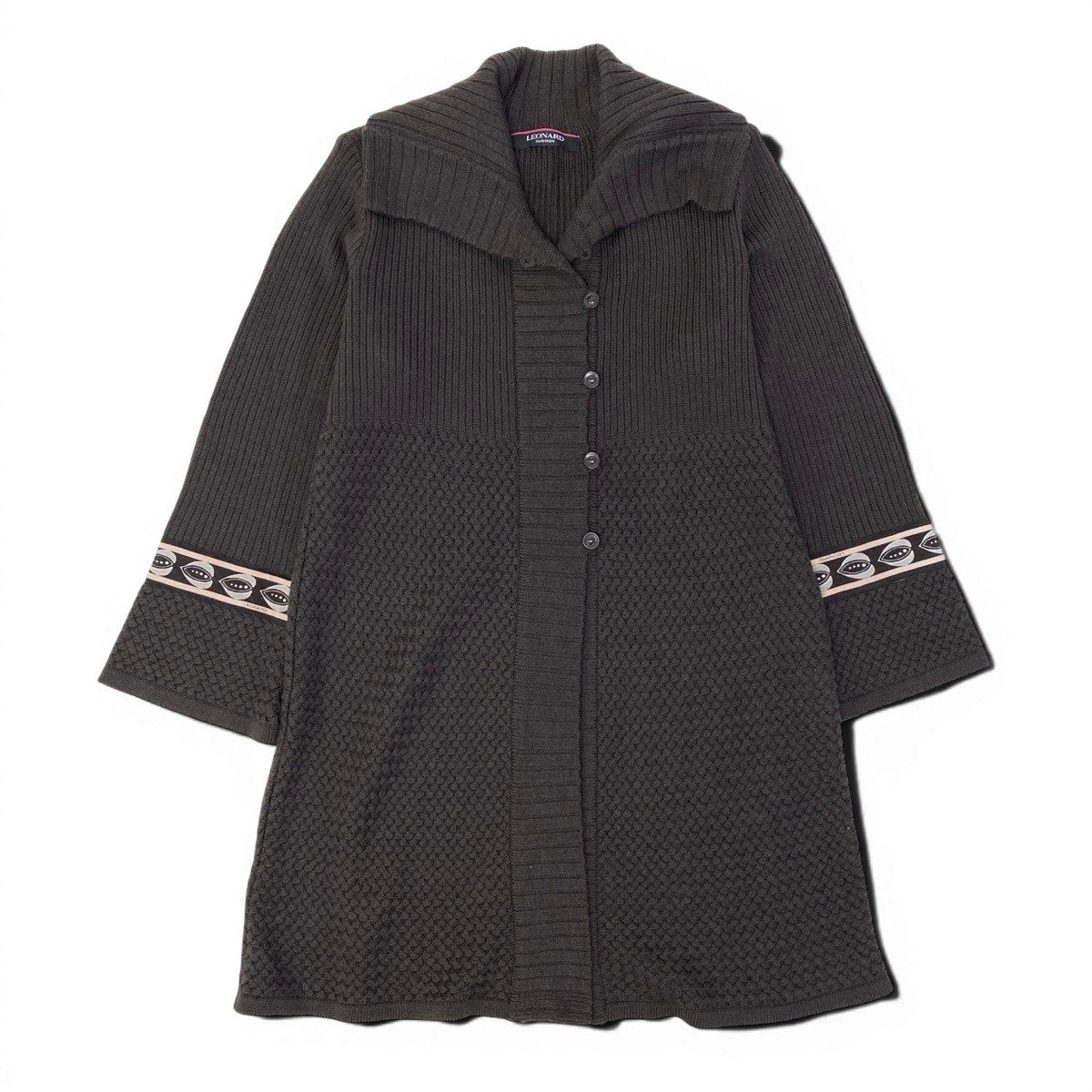 34g17 LEONARD FASHION レオナール ロング ニットカーディガン ウールシルク混  サイズ40 ブラウン レディースu02t