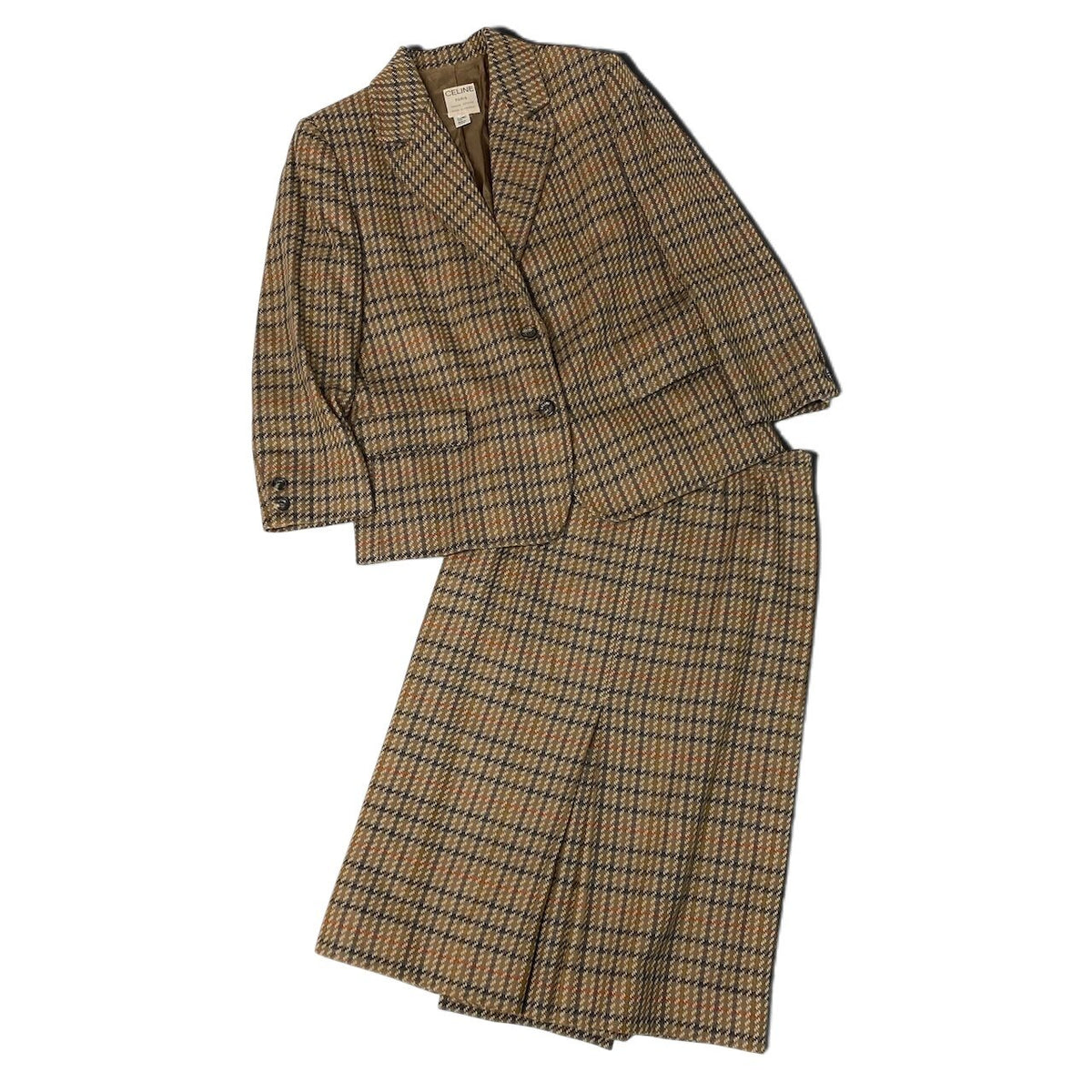 j29 【美品】CELINE 80's ヴィンテージ セットアップ グレンチェック ツイード ジャケット スカート 42サイズ ブラウン レディース 女性用k02i