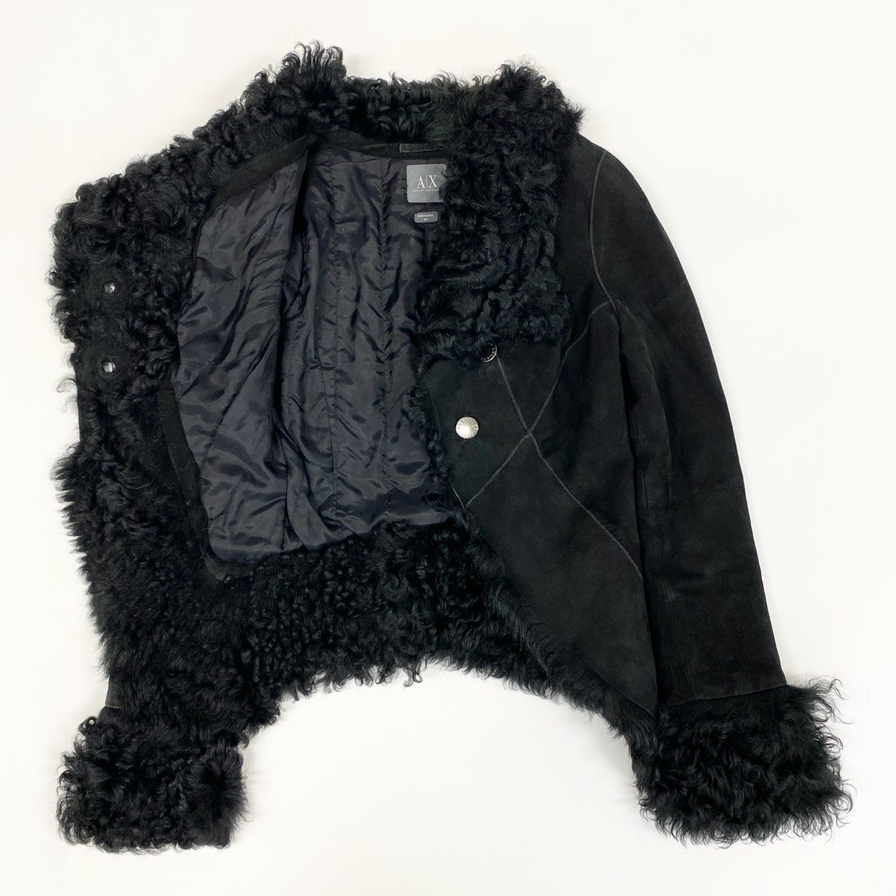 37a19 【ヴィンテージ】ARMANI EXCHANGE アルマーニエクスチェンジ ラムファー ショートレザージャケット サイズXS ブラック レザー レディース アウター ファージャケットk02i