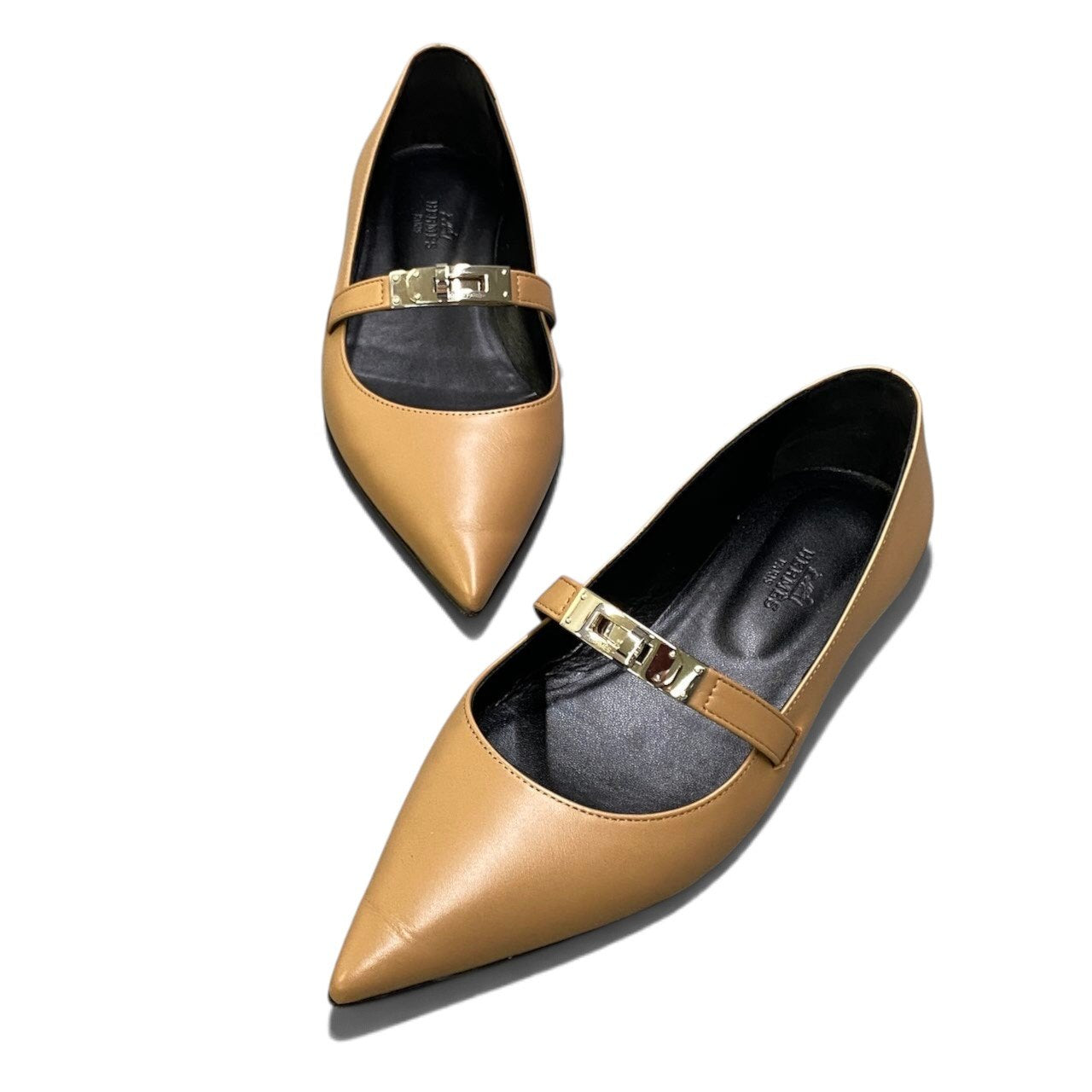 h29《美品》 HERMES エルメス ケリー バレエ フラットシューズ Kelly Ballet Flats Shoes size 36 Beige Camel Leather 箱 保存袋有t18r