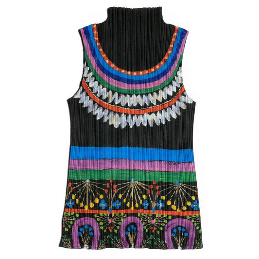 Ad18 【美品】PLEATS PLEASE プリーツプリーズ プリーツカットソー ハイネックノースリーブ 総柄 トップス PP63-JK571 4サイズ マルチカラー ポリエステル100％ レディース 女性用u02t