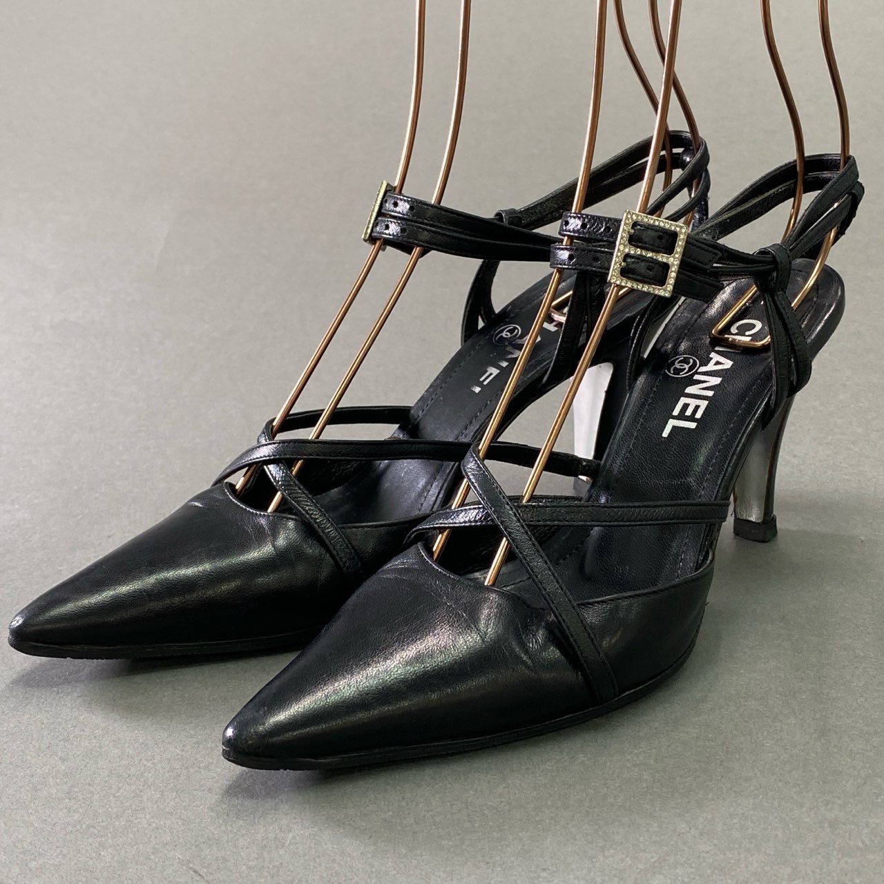 3d14 CHANEL シャネル ラインストーン ダブルストラップ パンプス 34 1/2 ブラック レザー シューズ イタリア製