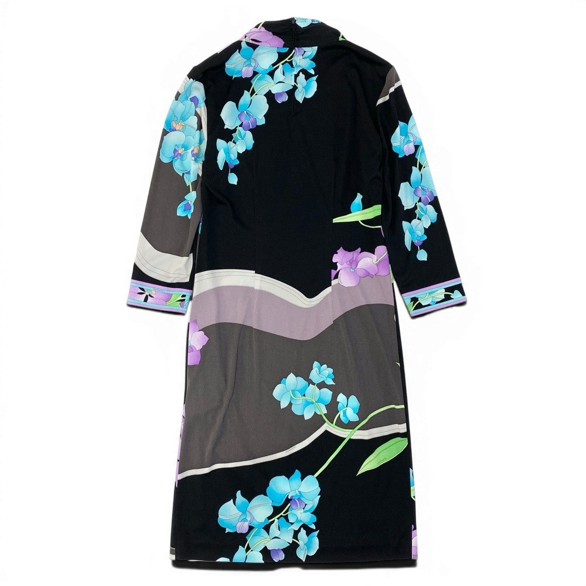 11e27【美品】 LEONARD FASHION レオナール ロングワンピース 美しい花柄プリント カンカン素材 長袖 サイズ40 マルチカラー レディース 女性用u02t