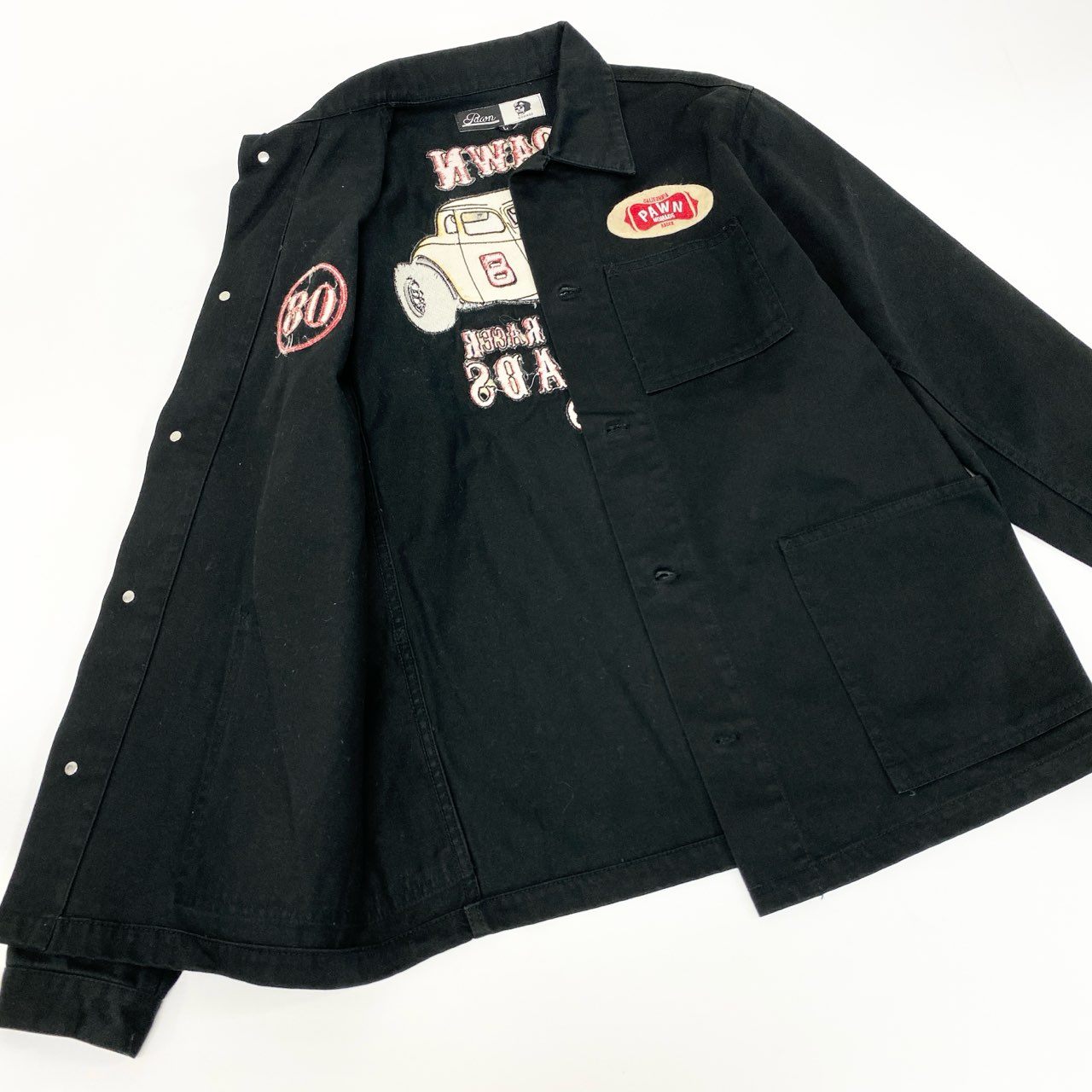 14j10 PAWN NOMADS パウン シャツジャケット カバーオール ワークジャケット ワッペン Lサイズ ブラック メンズo07t
