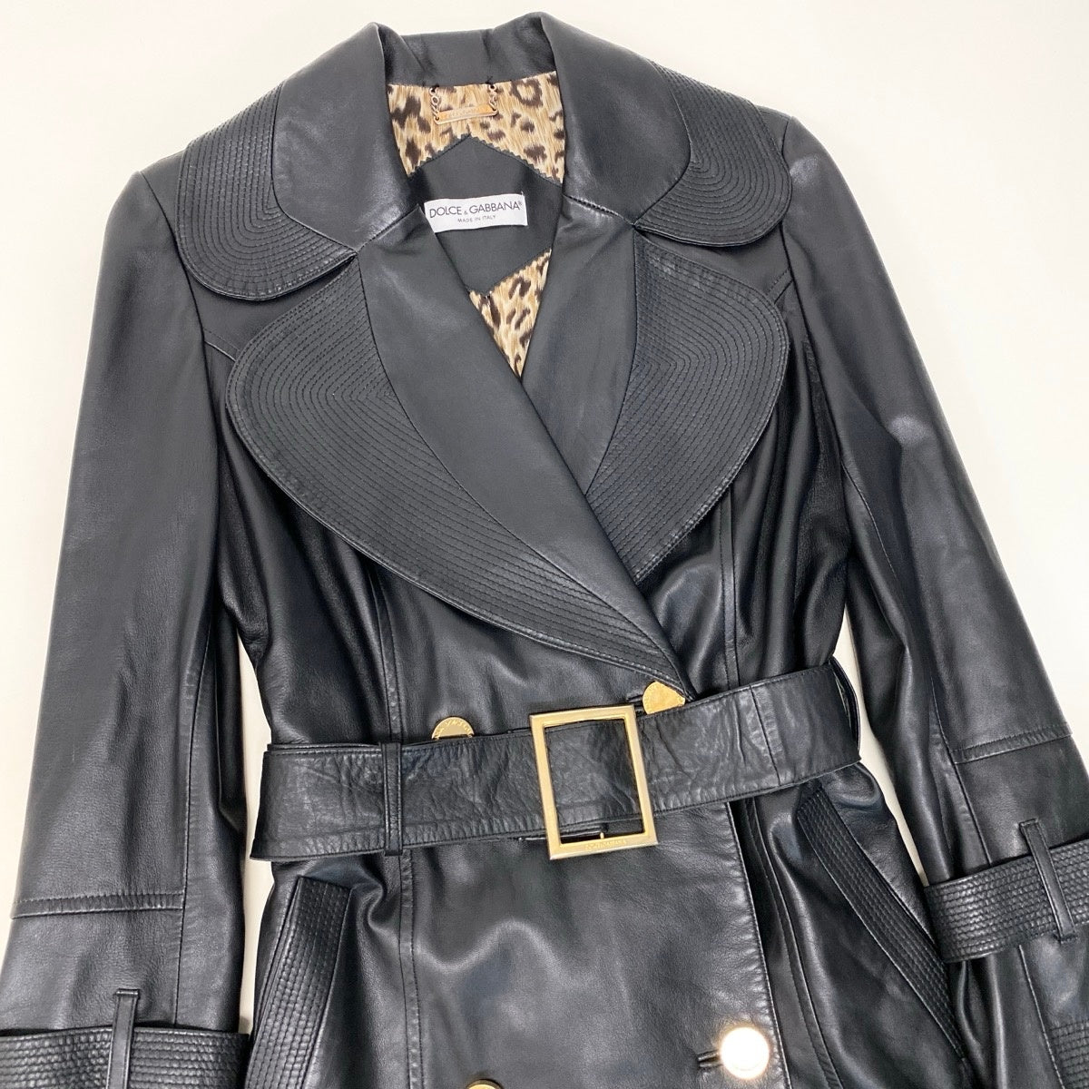 Eh1 DOLCE&GABBANA ドルチェアンドガッバーナ ラムレザーコート シルクレオパード Lambskin Leather Coat Silk Leopard Print Lining 42 ブラック ベルト付t18r